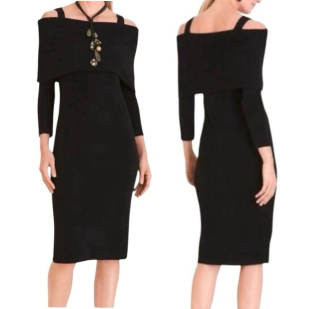 Chico's Travelers Slinky Black Dress Sz 3 XL(US 16/18) Off Shoulder Midi Acetate